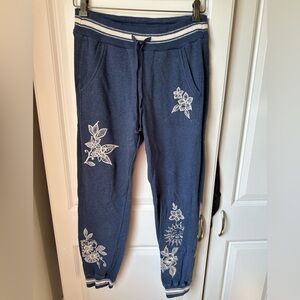 Johnny Was Navy Floral Embroidered Joggers